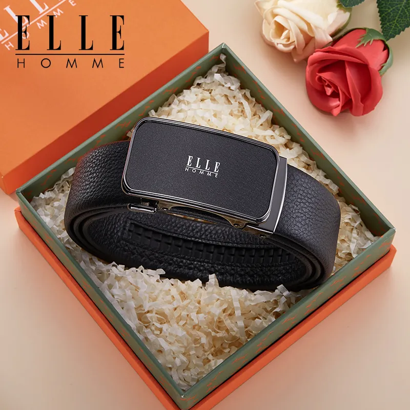 ELLE HOMME Top Grain Cow Leather Premium Casual Comfortable Belt, Gift Box Set Men's Gunmetal Width 3.5cm-7