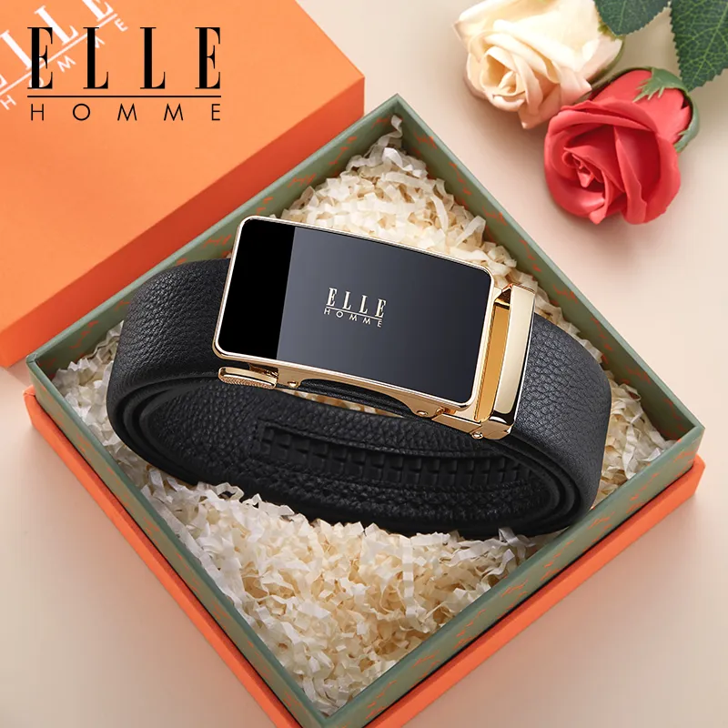ELLE HOMME Top Grain Cow Leather Premium Elegance Comfortable Belt Men's Gunmetal, Gold Width 3.5cm-7