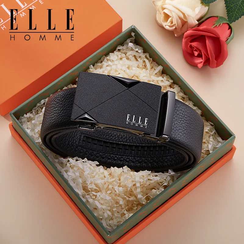 ELLE HOMME Top Grain Cow Leather Business Workplace Etiquette Elegance Belt Men's Gunmetal Width 3.5CM-1