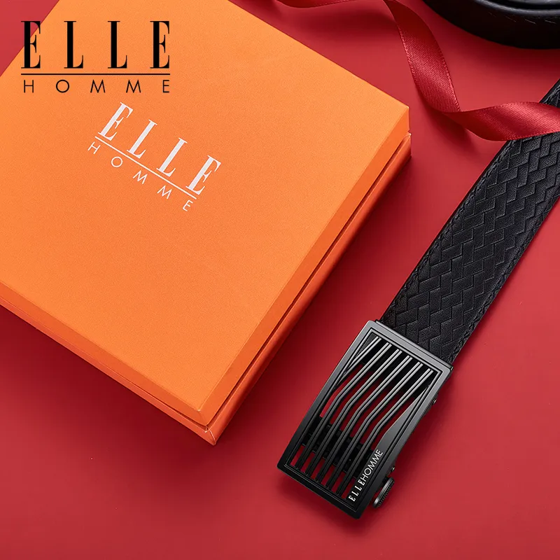 ELLE HOMME Cow Leather Premium Thank You Belt, Premium Gift Box Set Men's Gunmetal Width 3.5cm-3