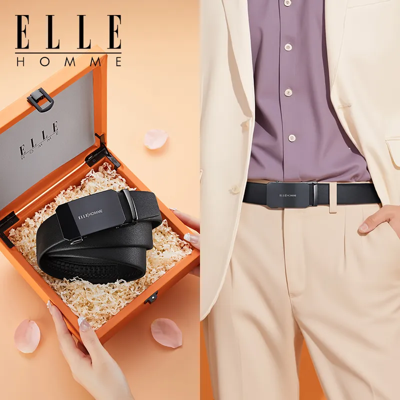 ELLE HOMME Top Grain Cow Leather Fashion Trend Premium Waist Belt Men's Gunmetal 3.5cm-4