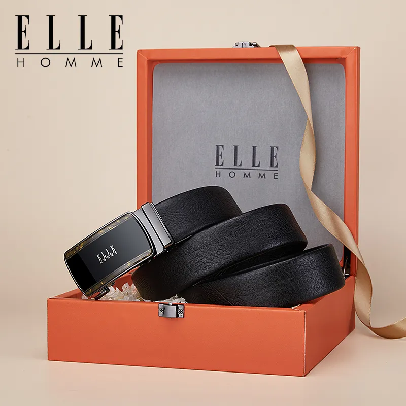 ELLE HOMME Top Grain Cow Leather Fashion Trend Casual Versatile Belt, Gift Box Set Men's Width 3.5cm-15