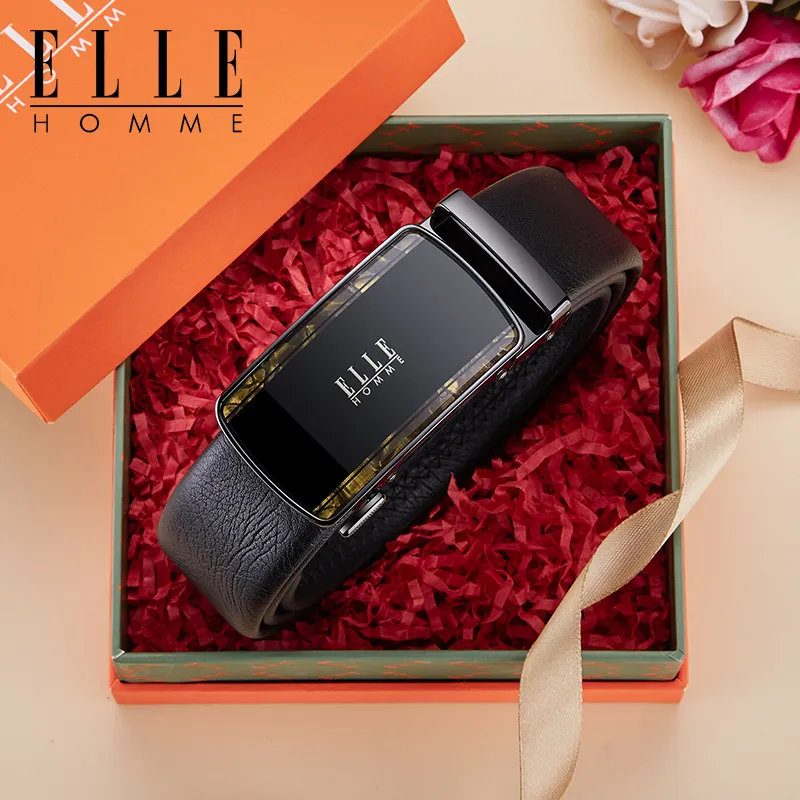 ELLE HOMME Top Grain Cow Leather Fashion Trend Casual Versatile Belt, Gift Box Set Men's Width 3.5cm-14