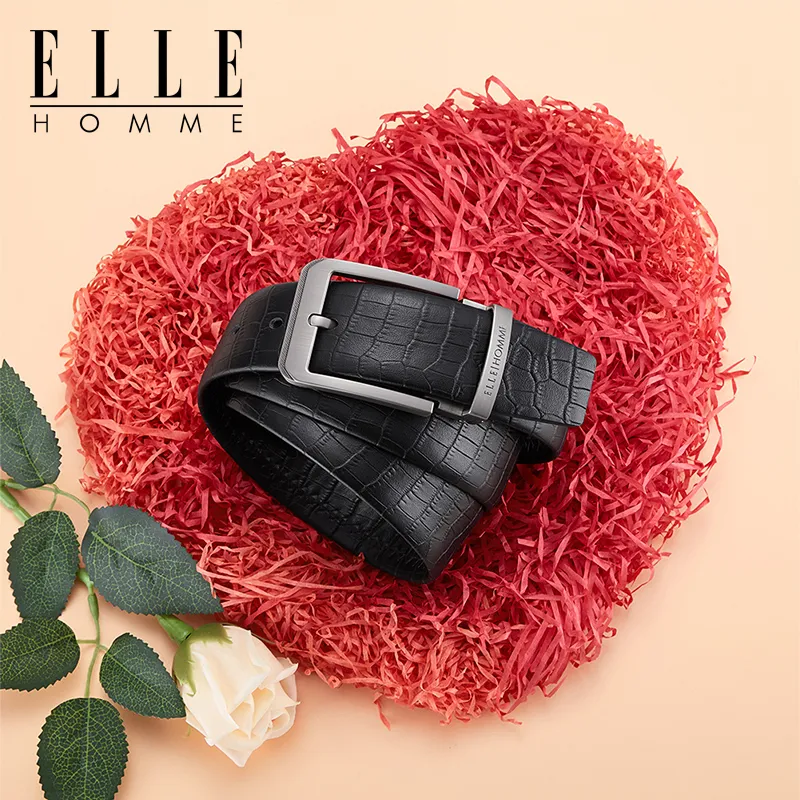ELLE HOMME Cow Top Grain With Small Crocodile Pattern Leather Belts Men's Width 3.8cm-3