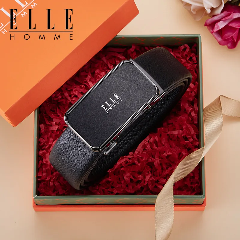 ELLE HOMME Top Grain Cow Leather Premium Casual Comfortable Belt, Gift Box Set Men's Gunmetal Width 3.5cm-11