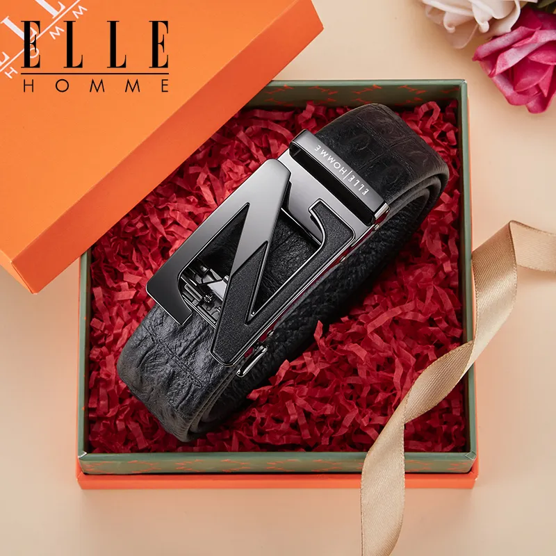 ELLE HOMME Top Grain Cow Leather Premium Elegance Belt, Premium Gift Box Set Men's Gunmetal Width 3.5cm-1