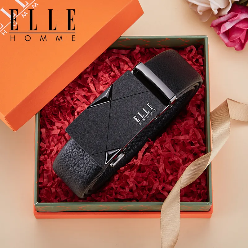 ELLE HOMME Top Grain Cow Leather Business Workplace Etiquette Elegance Belt Men's Gunmetal Width 3.5CM-6