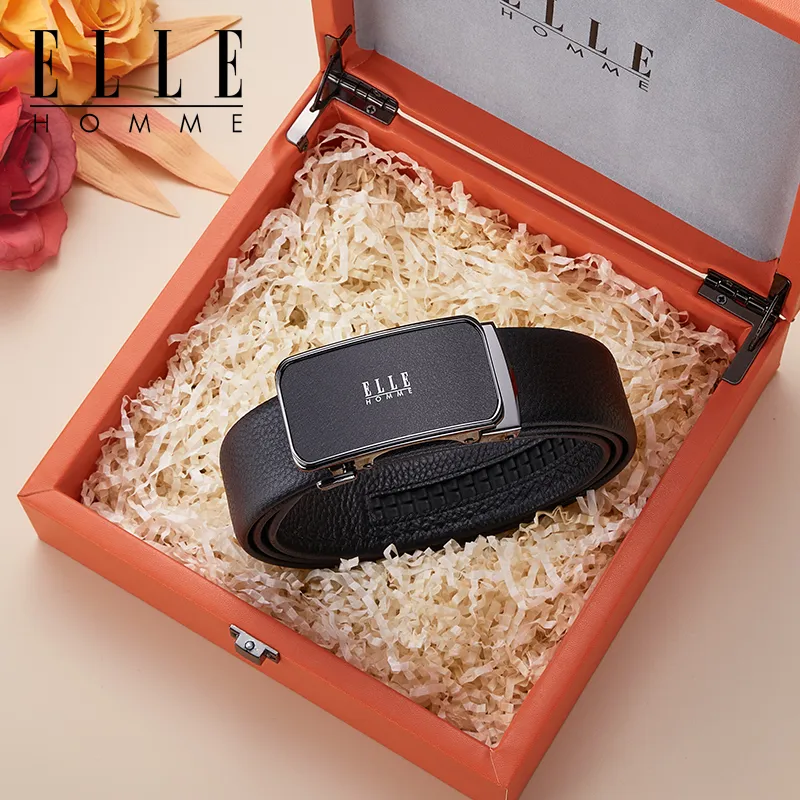 ELLE HOMME Top Grain Cow Leather Premium Casual Comfortable Belt, Gift Box Set Men's Gunmetal Width 3.5cm-9