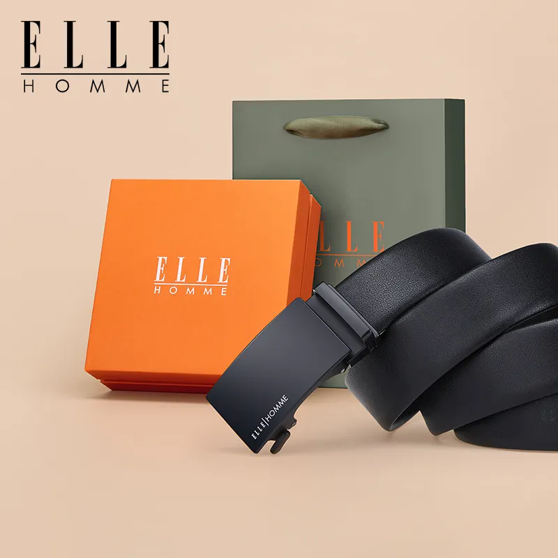 ELLE HOMME Top Grain Cow Leather Fashion Trend Casual Versatile Belt Men's Gunmetal Width 3.5cm-5