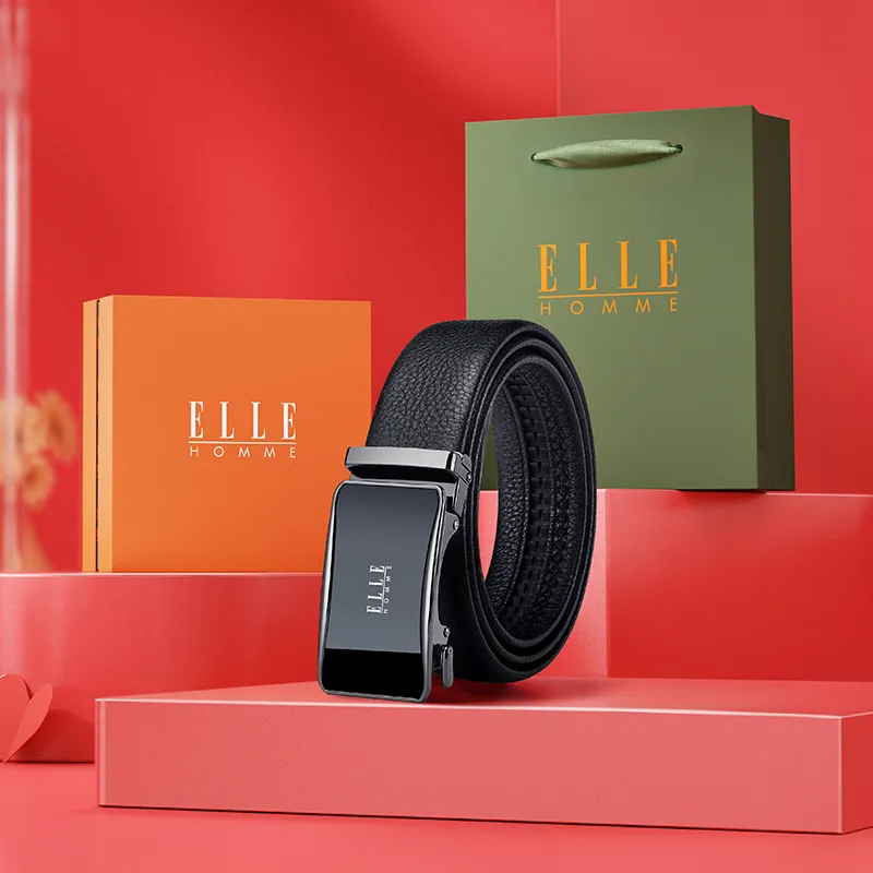 ELLE HOMME Top Grain Cow Leather Fashion Casual Versatile Belt, Trendy Students Belt Men's Gunmetal Silver Gold 3.5cm-1