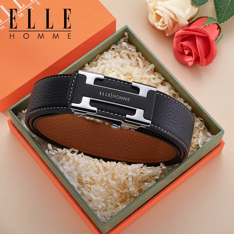 ELLE HOMME Cow Leather Students Belt Men's Silver Gold Width 3.5cm-14