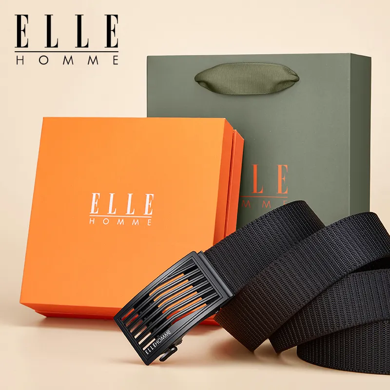 ELLE HOMME Canvas Business Workplace Etiquette Belt, Sports Belt, Gift Box Set Men's Gunmetal Width 3.5cm-1