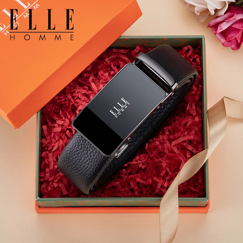 ELLE HOMME Top Grain Cow Leather Premium Elegance Comfortable Belt Men's Gunmetal, Gold Width 3.5cm-5