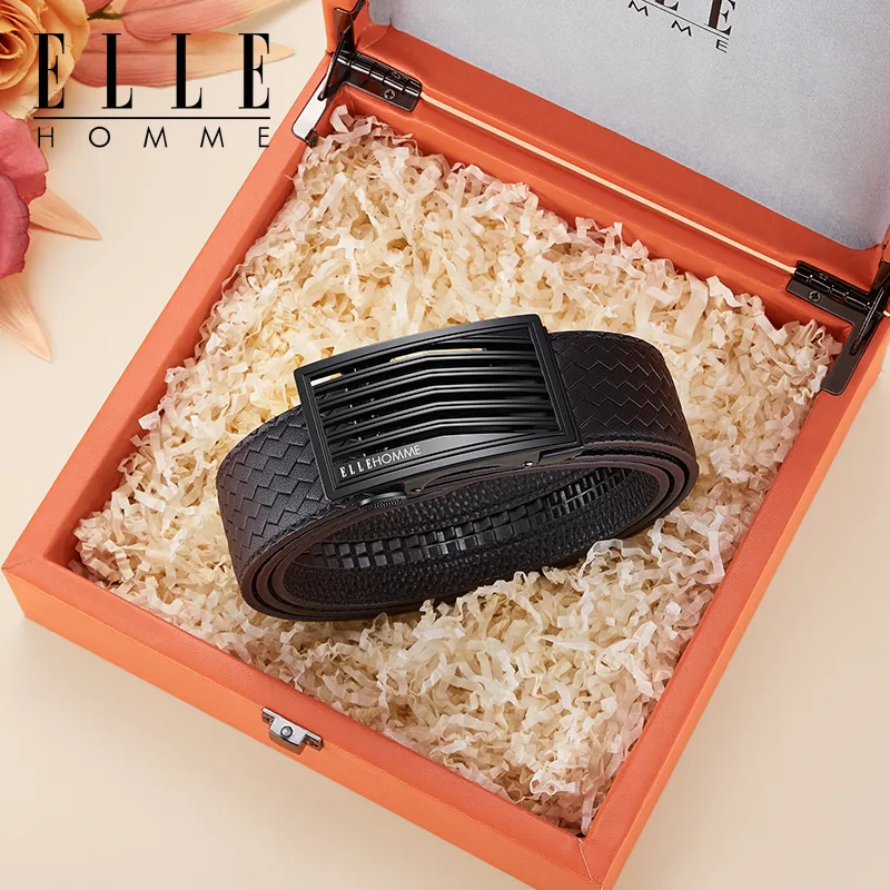ELLE HOMME Cow Leather Premium Thank You Belt, Premium Gift Box Set Men's Gunmetal Width 3.5cm-4
