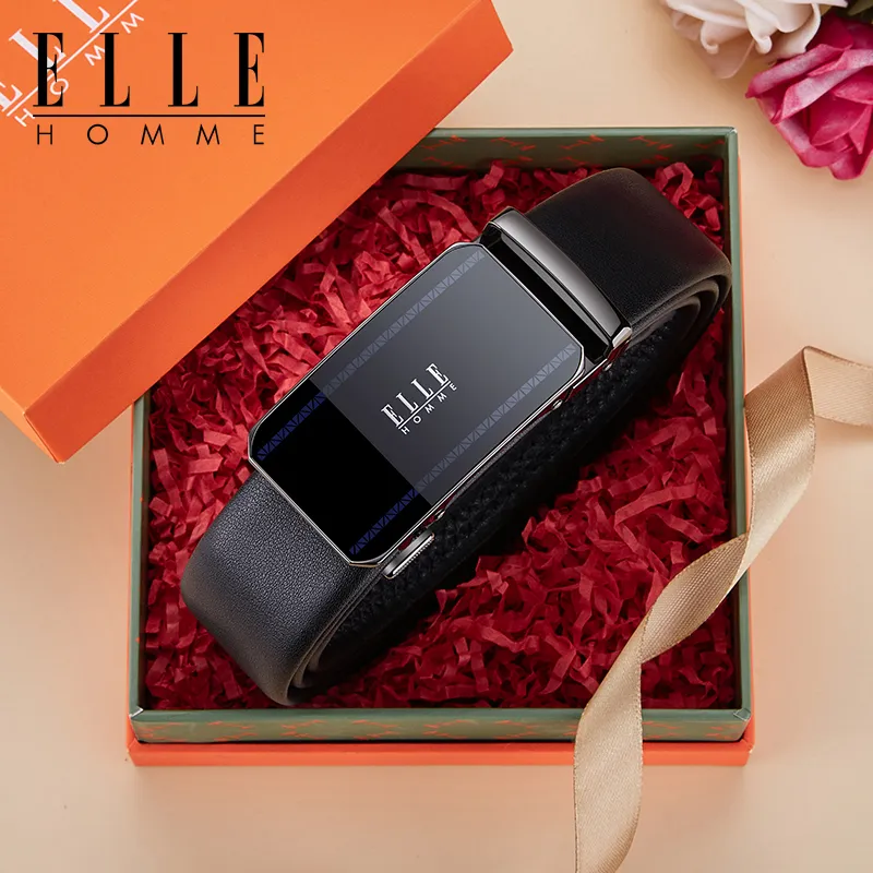 ELLE HOMME Top Grain Cow Leather Belts Men's Gunmetal Gold Width 3.5cm-1