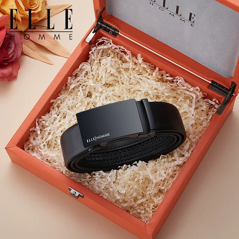ELLE HOMME Top Grain Cow Leather Fashion Trend Casual Versatile Belt Men's Gunmetal Width 3.5cm-3