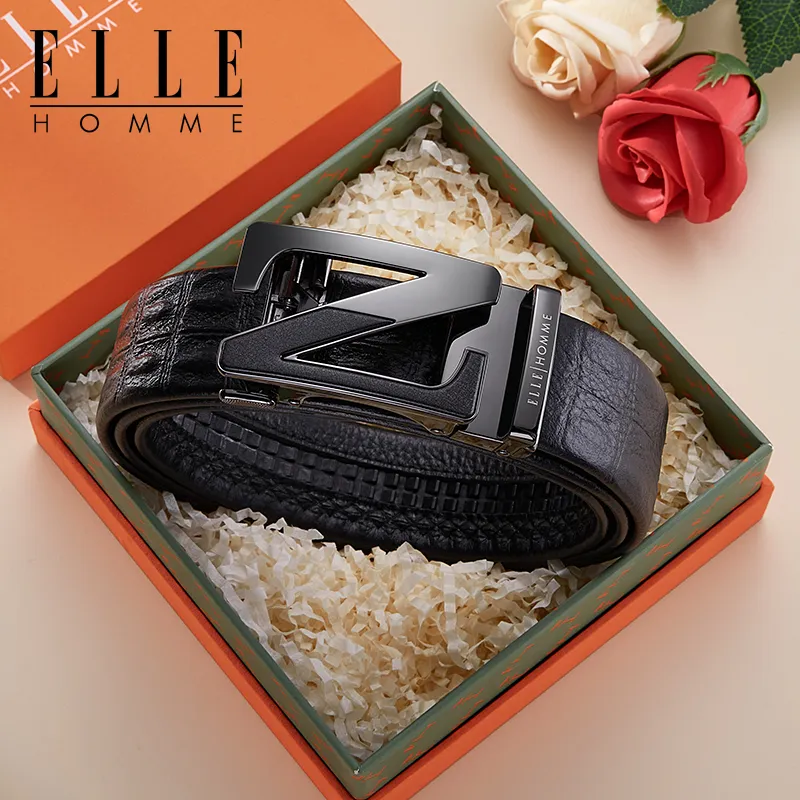 ELLE HOMME Top Grain Cow Leather Premium Elegance Belt, Premium Gift Box Set Men's Gunmetal Width 3.5cm-2