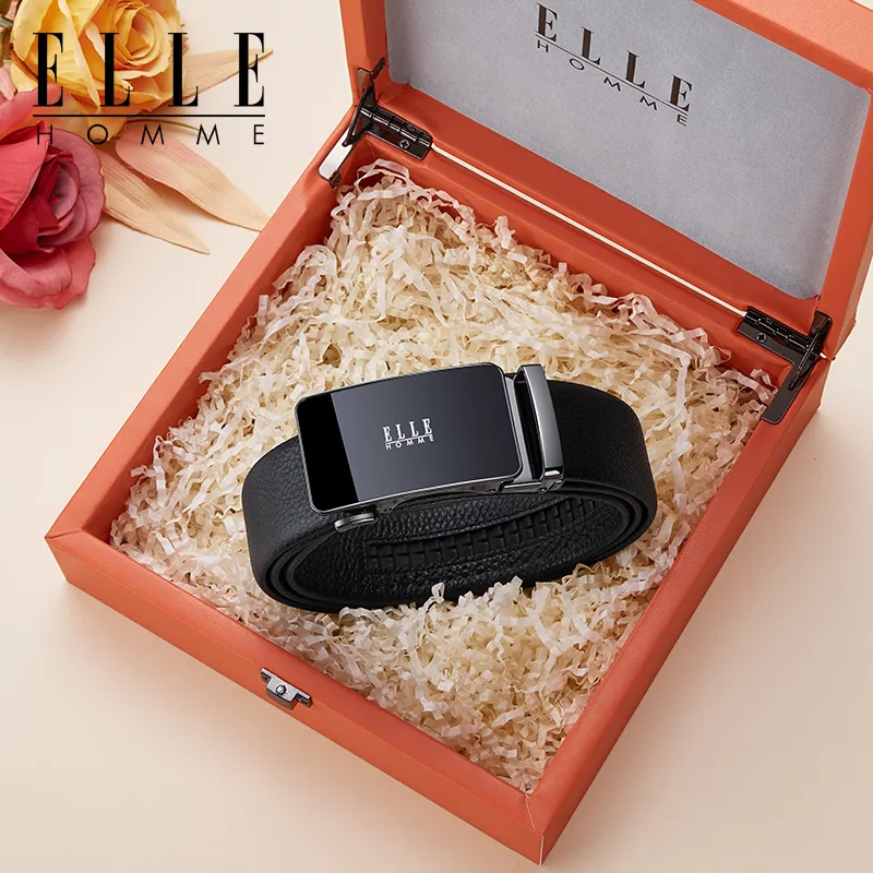 ELLE HOMME Top Grain Cow Leather Premium Elegance Comfortable Belt Men's Gunmetal, Gold Width 3.5cm-2