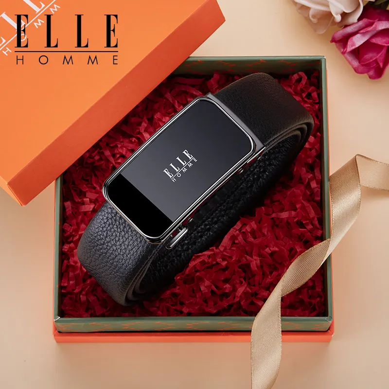 ELLE HOMME Top Grain Cow Leather Premium Casual Comfortable Belt, Gift Box Set Men's Gunmetal Width 3.5cm-5