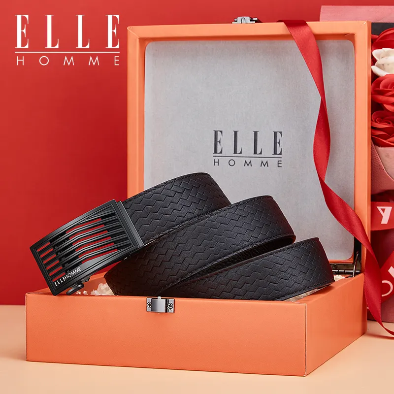 ELLE HOMME Cow Leather Premium Thank You Belt, Premium Gift Box Set Men's Gunmetal Width 3.5cm-2