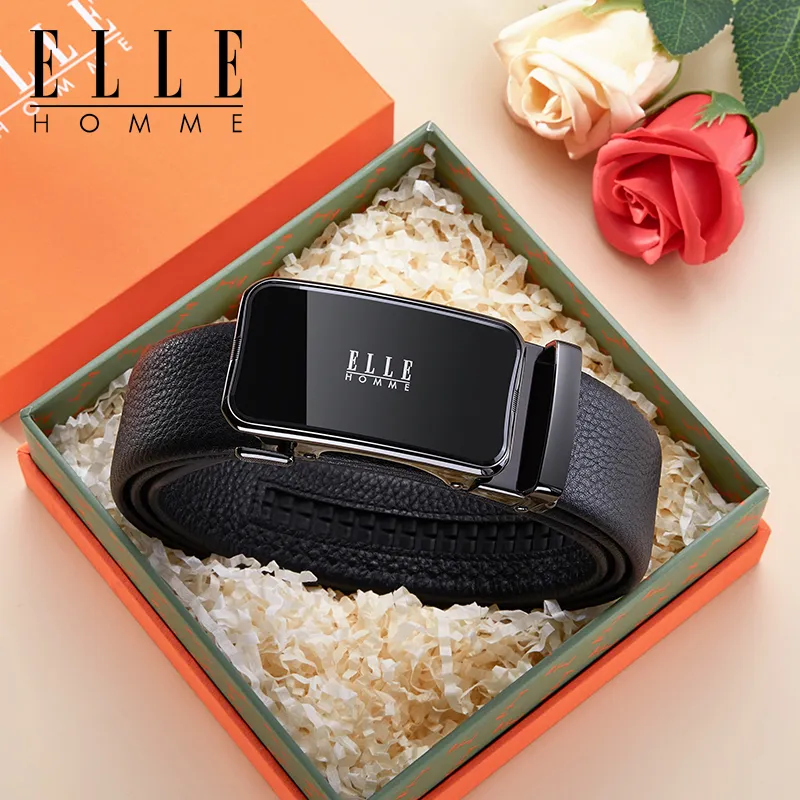 ELLE HOMME Top Grain Cow Leather Belts Men's Gunmetal Gold Silver 3.5cm-3