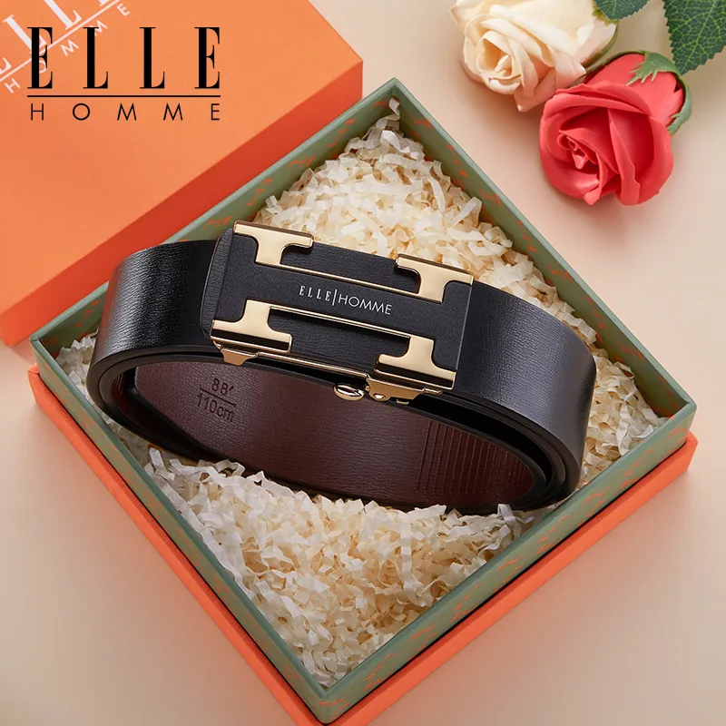 ELLE HOMME Cow Leather Students Belt Men's Silver Gold Width 3.5cm-3