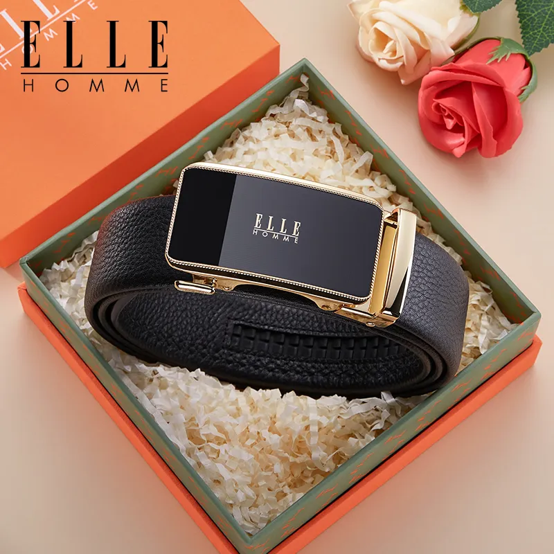 ELLE HOMME Top Grain Cow Leather Belts Men's Gunmetal, Gold Width 3.5cm-5