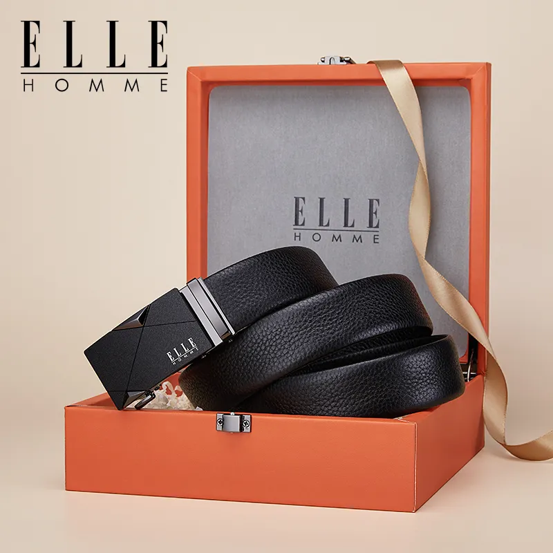 ELLE HOMME Top Grain Cow Leather Business Workplace Etiquette Elegance Belt Men's Gunmetal Width 3.5CM-5