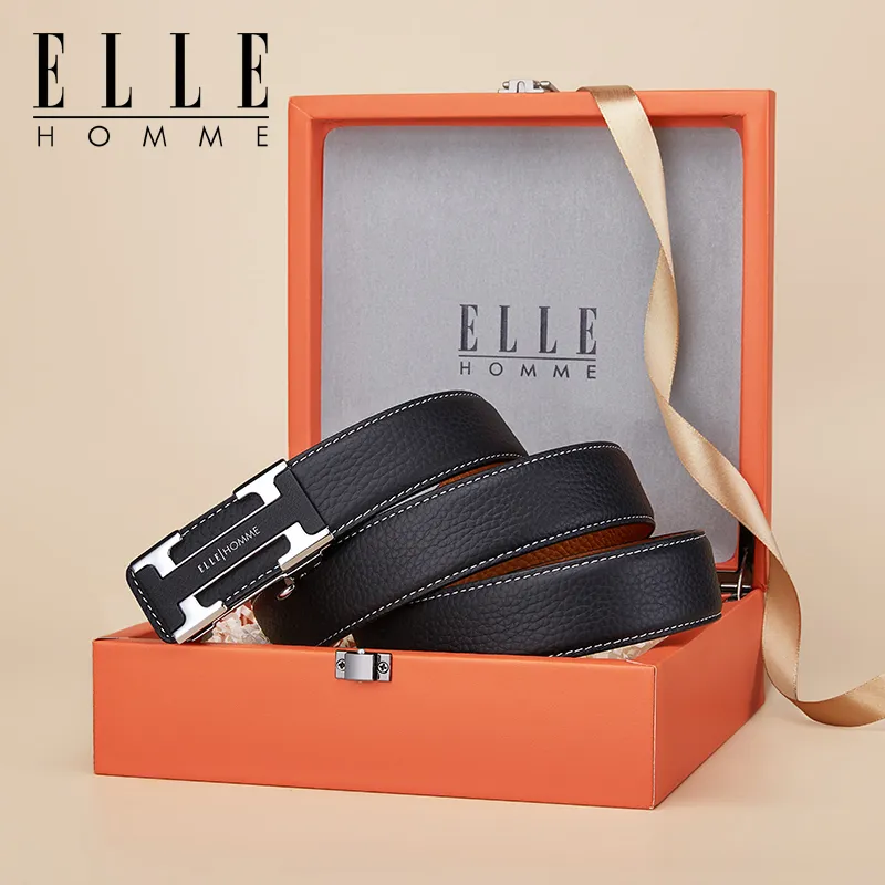 ELLE HOMME Cow Leather Students Belt Men's Silver Gold Width 3.5cm-13