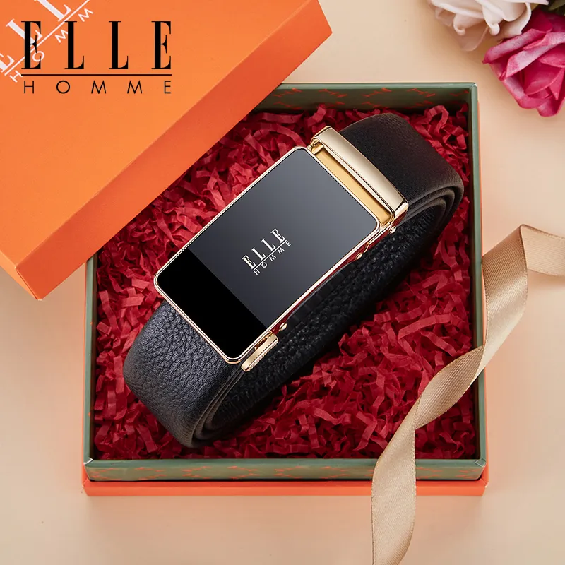 ELLE HOMME Top Grain Cow Leather Premium Elegance Comfortable Belt Men's Gunmetal, Gold Width 3.5cm-11