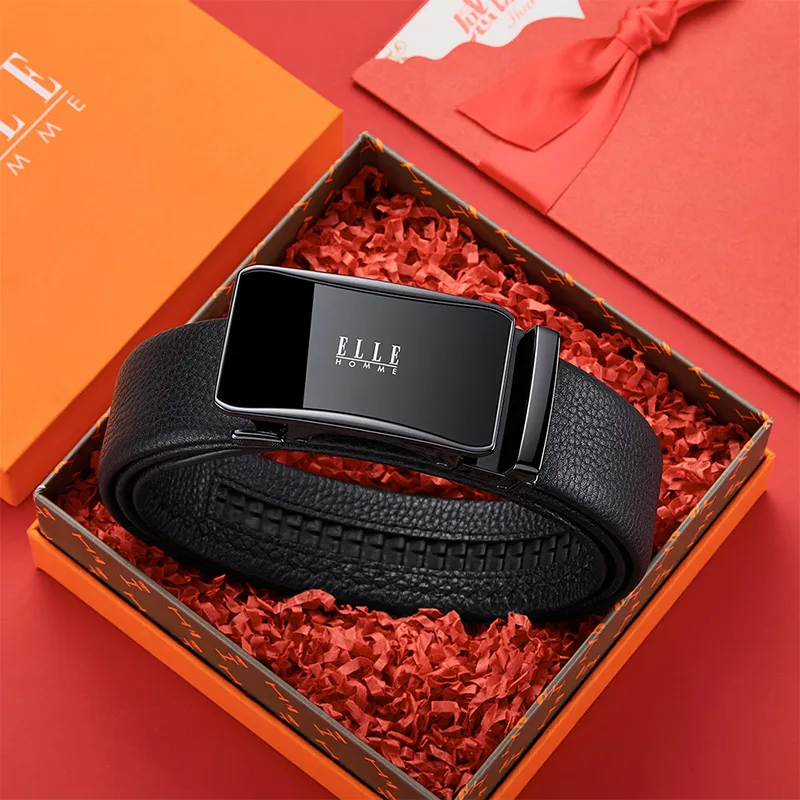ELLE HOMME Top Grain Cow Leather Fashion Casual Versatile Belt, Trendy Students Belt Men's Gunmetal Silver Gold 3.5cm-2