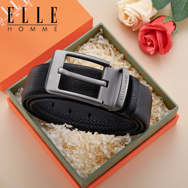 ELLE HOMME Top Grain Cow Leather Premium Comfortable Belt, Premium Gift Box Set Men's Gunmetal Width 3.8cm-2