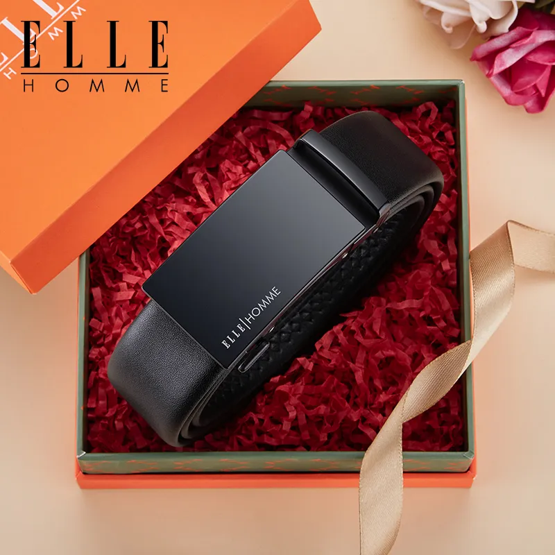 ELLE HOMME Top Grain Cow Leather Fashion Trend Casual Versatile Belt Men's Gunmetal Width 3.5cm-4