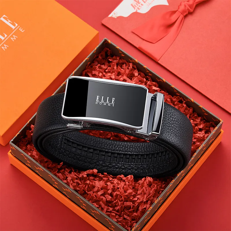 ELLE HOMME Top Grain Cow Leather Fashion Casual Versatile Belt, Trendy Students Belt Men's Gunmetal Silver Gold 3.5cm-8