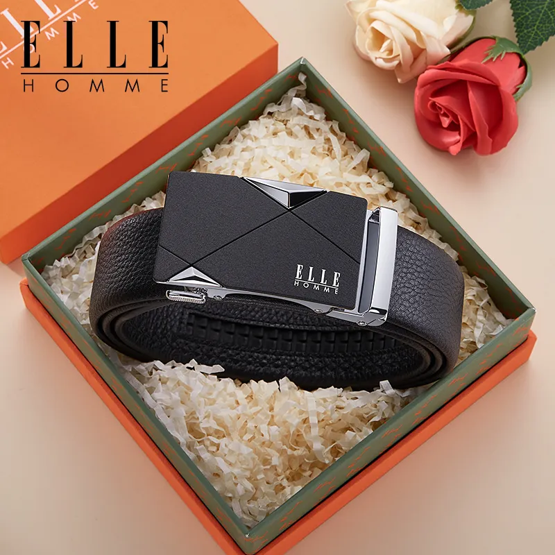ELLE HOMME Top Grain Cow Leather Business Workplace Etiquette Elegance Belt Men's Gunmetal Width 3.5CM-15
