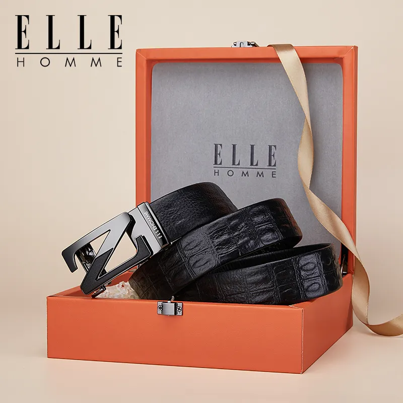 ELLE HOMME Top Grain Cow Leather Premium Elegance Belt, Premium Gift Box Set Men's Gunmetal Width 3.5cm-3