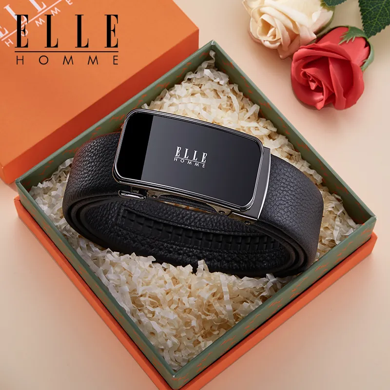 ELLE HOMME Top Grain Cow Leather Premium Casual Comfortable Belt, Gift Box Set Men's Gunmetal Width 3.5cm-1
