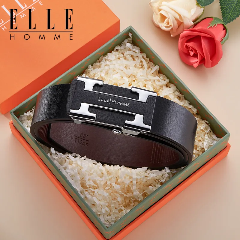 ELLE HOMME Cow Leather Students Belt Men's Silver Gold Width 3.5cm-5