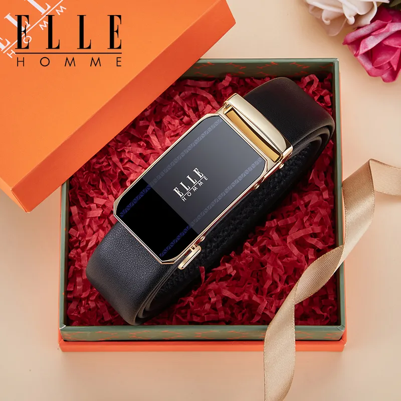ELLE HOMME Top Grain Cow Leather Belts Men's Gunmetal Gold Width 3.5cm-3