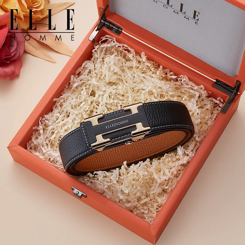 ELLE HOMME Cow Leather Students Belt Men's Silver Gold Width 3.5cm-9
