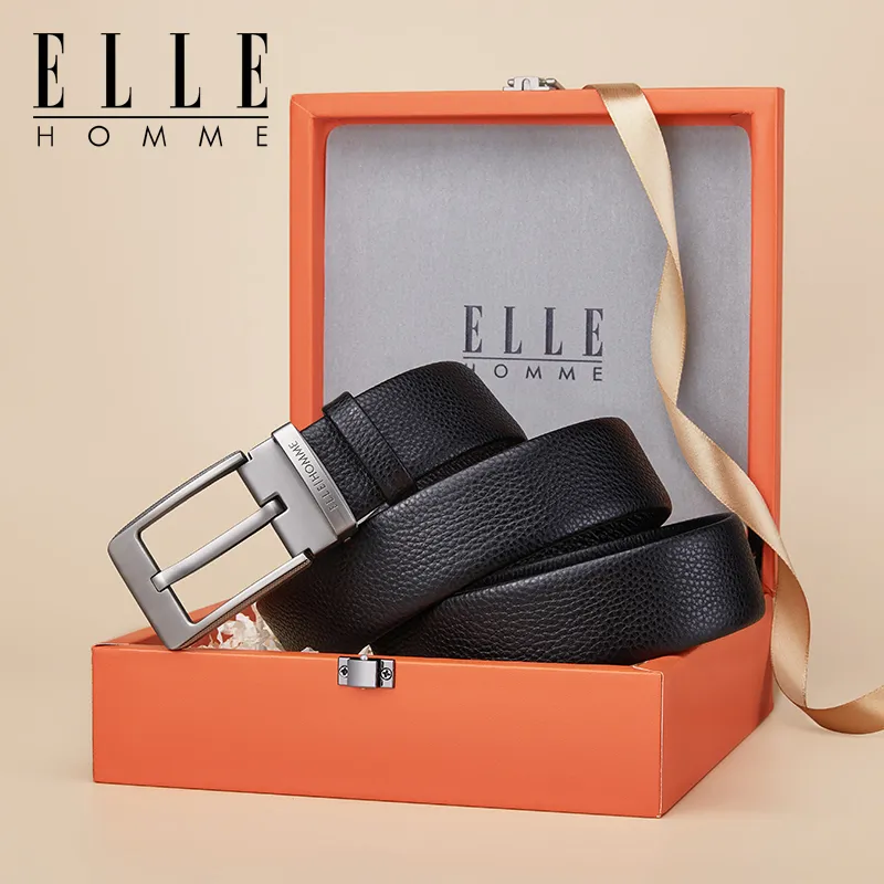ELLE HOMME Top Grain Cow Leather Premium Comfortable Belt, Premium Gift Box Set Men's Gunmetal Width 3.8cm-4