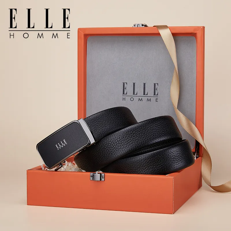 ELLE HOMME Top Grain Cow Leather Premium Casual Comfortable Belt, Gift Box Set Men's Gunmetal Width 3.5cm-10