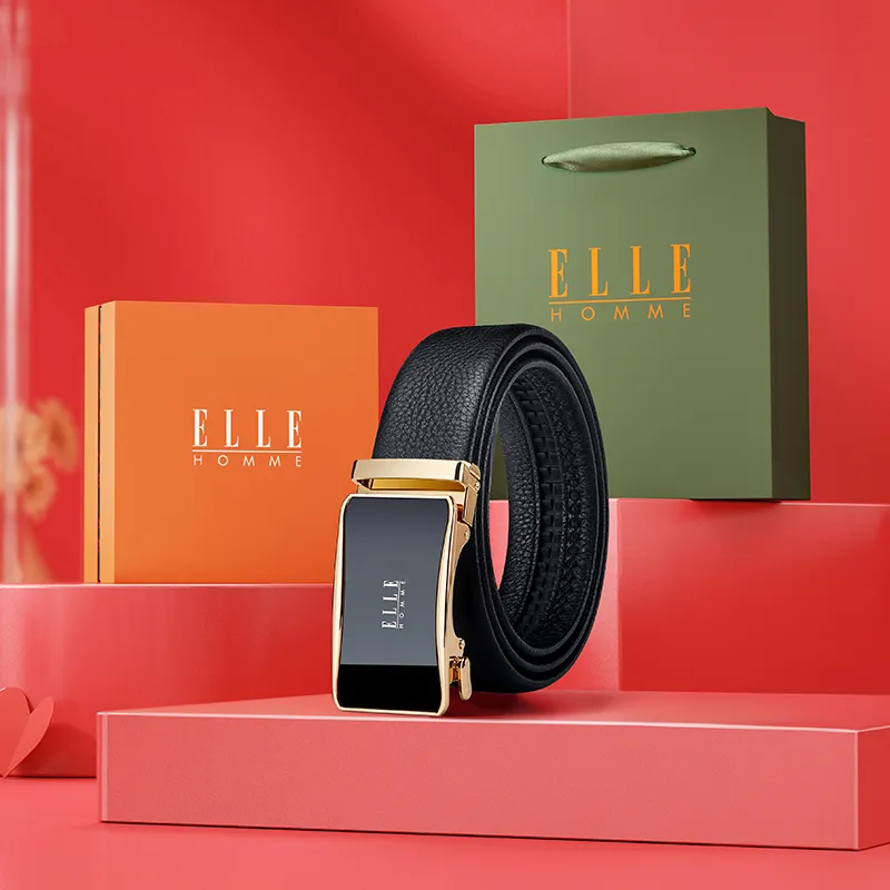 ELLE HOMME Top Grain Cow Leather Fashion Casual Versatile Belt, Trendy Students Belt Men's Gunmetal Silver Gold 3.5cm-12