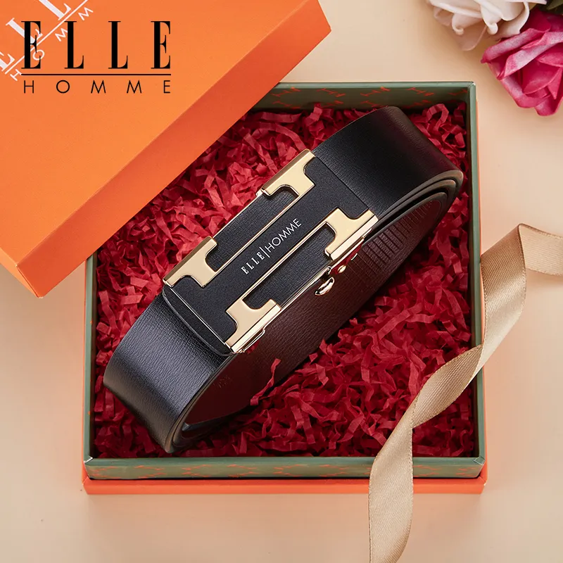 ELLE HOMME Cow Leather Students Belt Men's Silver Gold Width 3.5cm-1