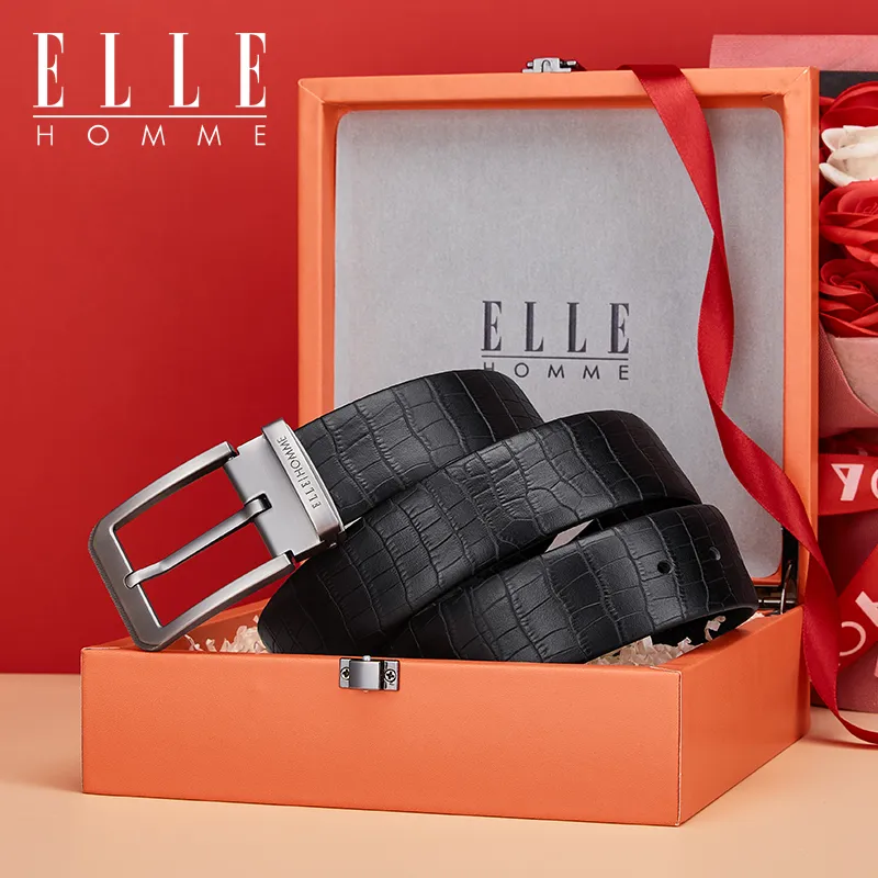 ELLE HOMME Cow Top Grain With Small Crocodile Pattern Leather Belts Men's Width 3.8cm-2