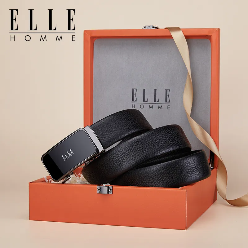 ELLE HOMME Top Grain Cow Leather Premium Casual Comfortable Belt, Gift Box Set Men's Gunmetal Width 3.5cm-4