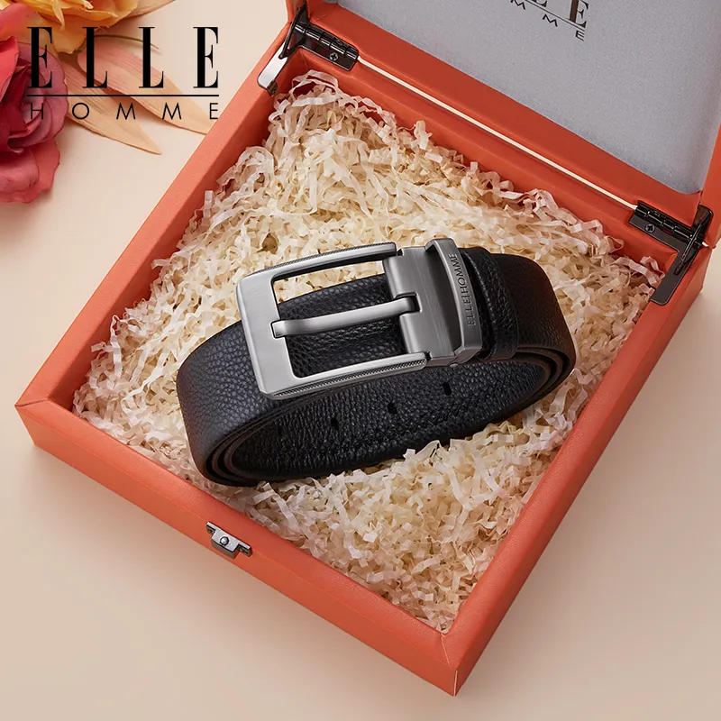 ELLE HOMME Top Grain Cow Leather Premium Comfortable Belt, Premium Gift Box Set Men's Gunmetal Width 3.8cm-3