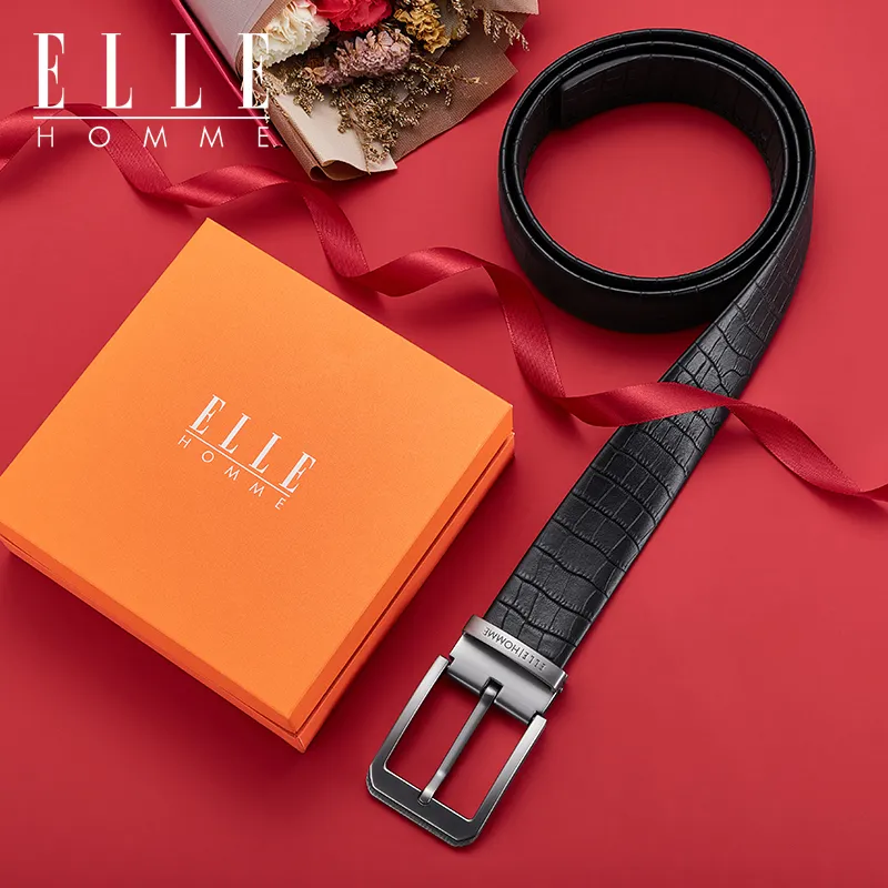 ELLE HOMME Cow Top Grain With Small Crocodile Pattern Leather Belts Men's Width 3.8cm-4