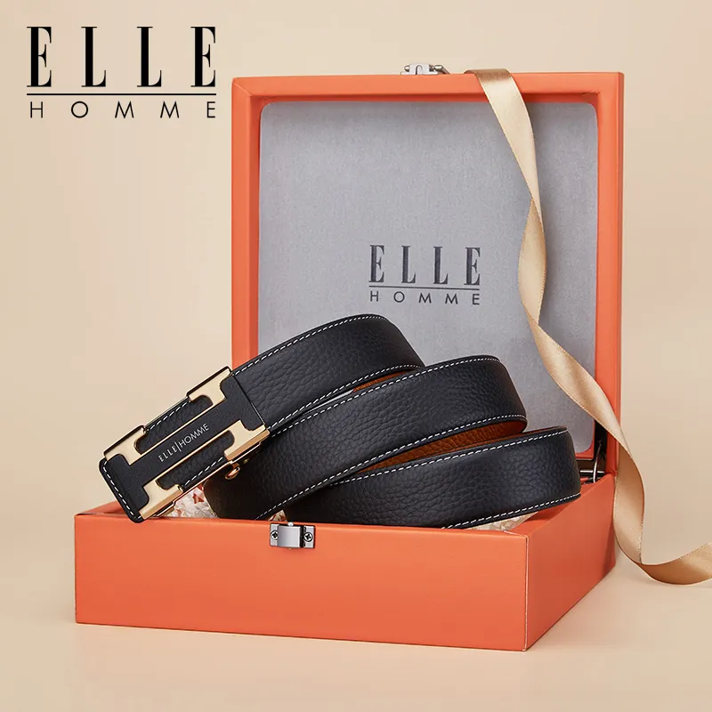 ELLE HOMME Cow Leather Students Belt Men's Silver Gold Width 3.5cm-10