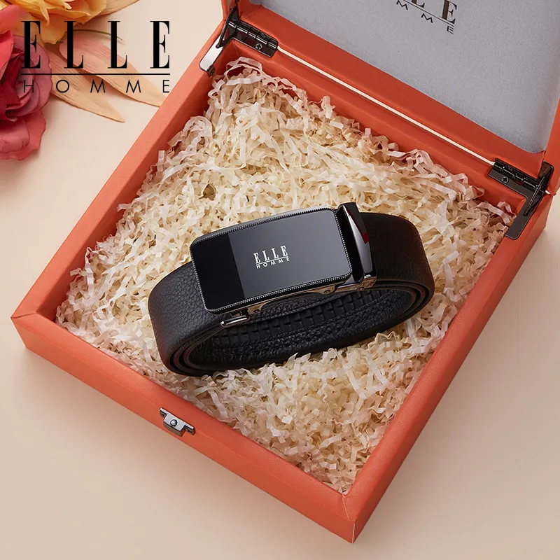ELLE HOMME Top Grain Cow Leather Belts Men's Gunmetal, Gold Width 3.5cm-1